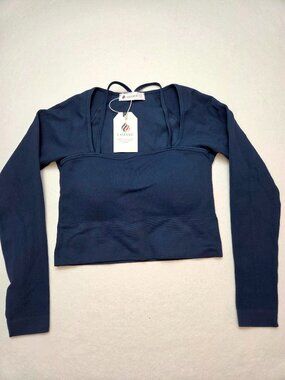 LASLULU Women's Navy Blue Ribbed Square Neck Long Sleeve Crop Top Size S NWT